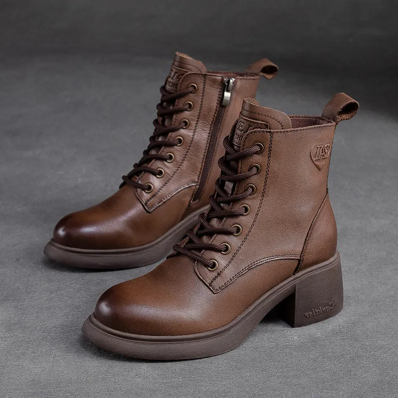 Women Retro Classic Leather Patchwork Chunky Heel Boots