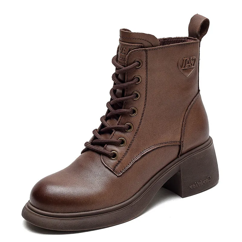 Women Retro Classic Leather Patchwork Chunky Heel Boots