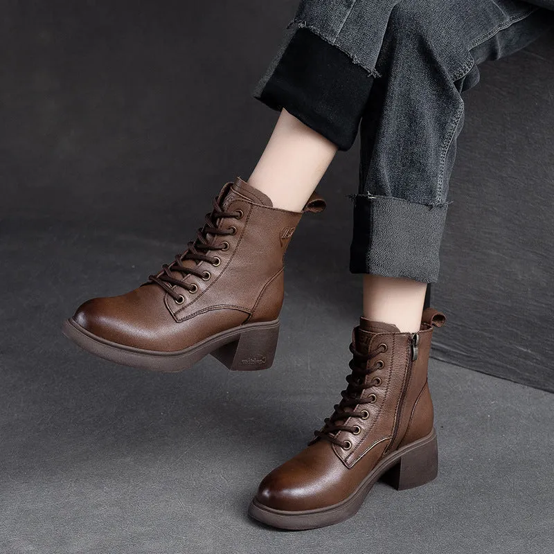 Women Retro Classic Leather Patchwork Chunky Heel Boots