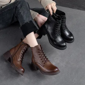 Women Retro Classic Leather Patchwork Chunky Heel Boots