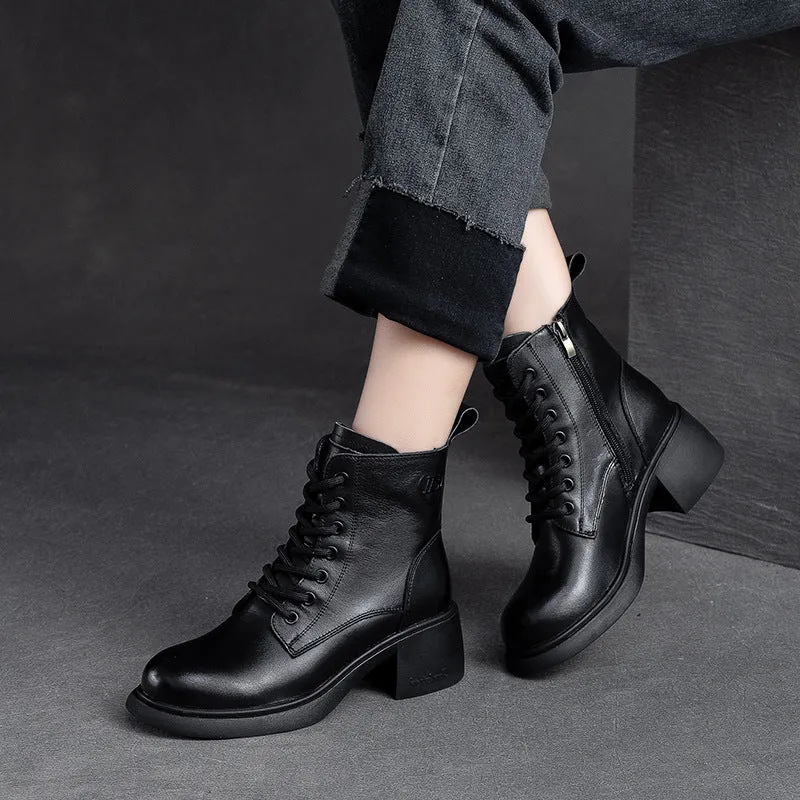 Women Retro Classic Leather Patchwork Chunky Heel Boots