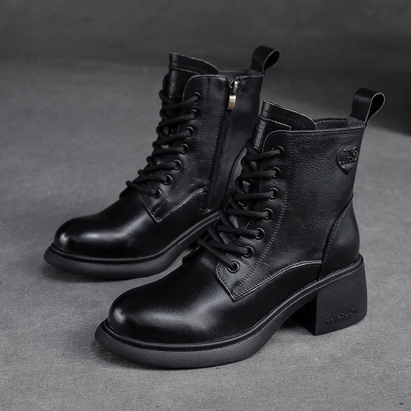 Women Retro Classic Leather Patchwork Chunky Heel Boots