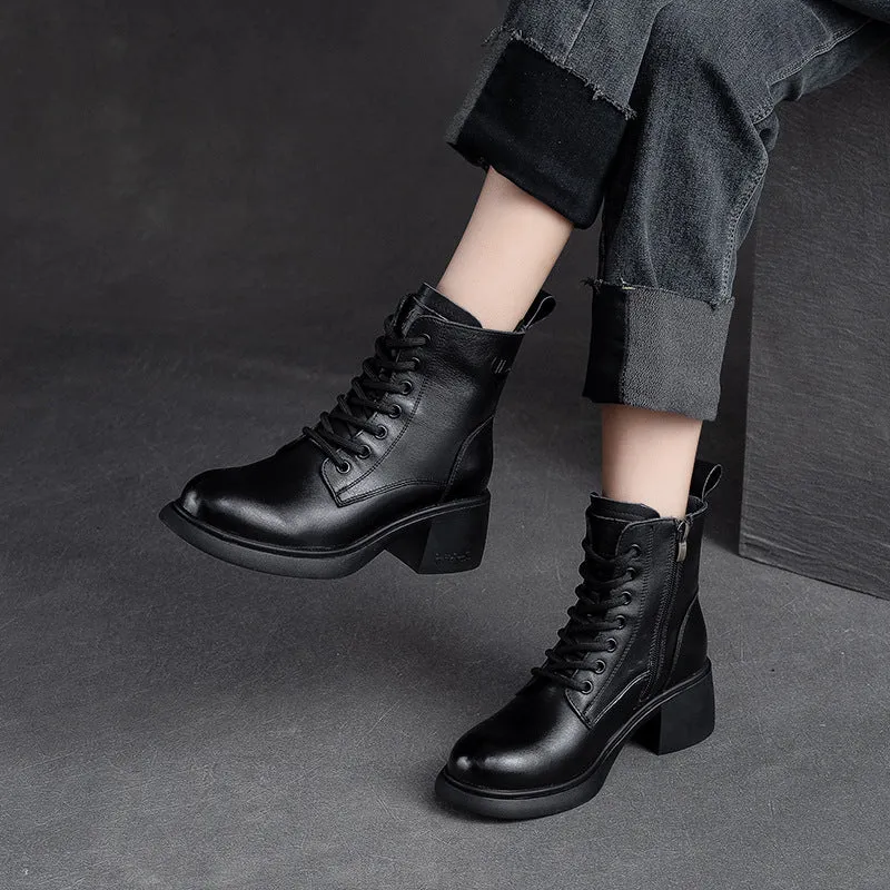 Women Retro Classic Leather Patchwork Chunky Heel Boots