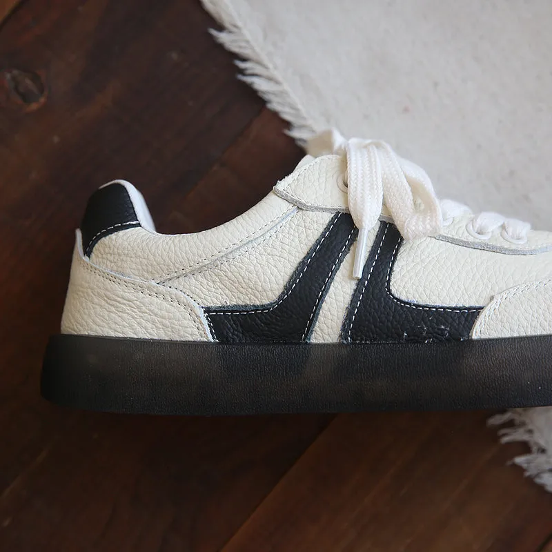 Women Retro Cowhide Patchwork Soft Sneakers