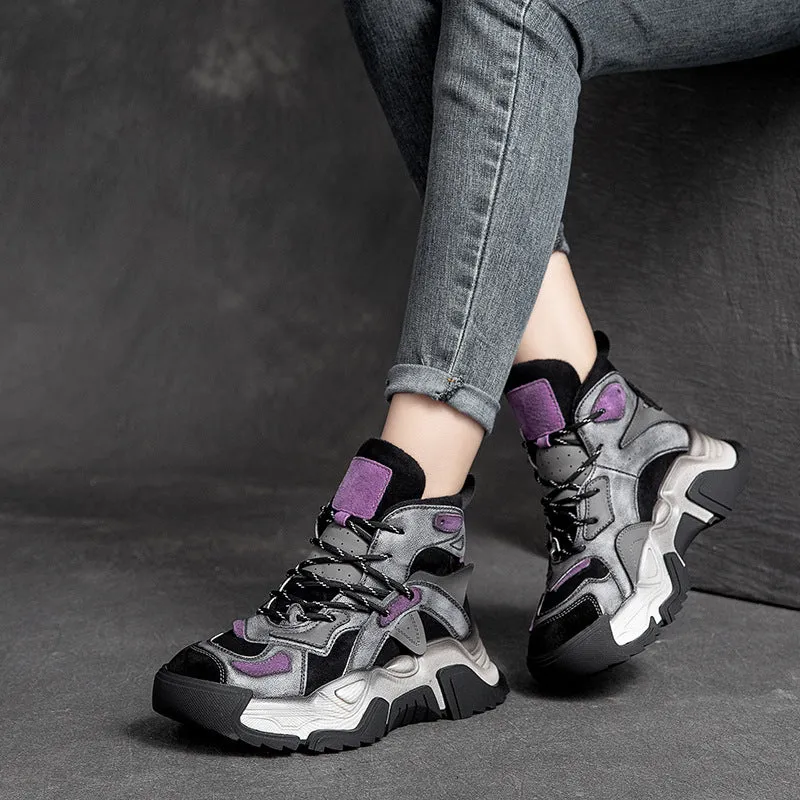 Women Retro Fashion Patchwork Leather Casual Boots