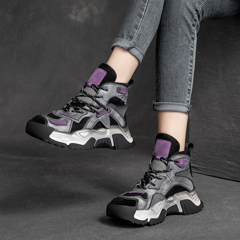 Women Retro Fashion Patchwork Leather Casual Boots