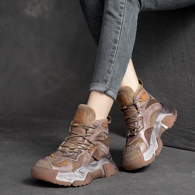 Women Retro Fashion Patchwork Leather Casual Boots