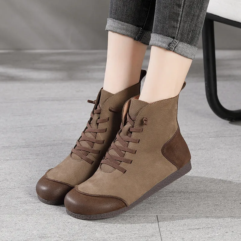 Women Retro Frosted Cowhide Patchwork Flat Boots