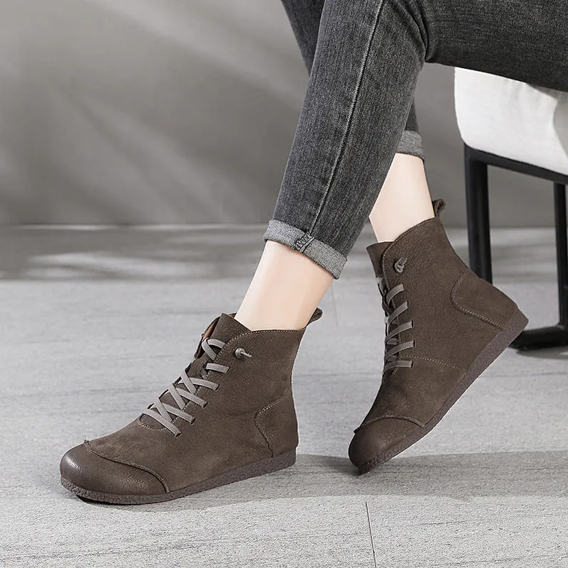 Women Retro Frosted Cowhide Patchwork Flat Boots