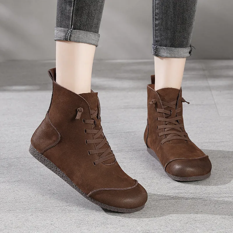 Women Retro Frosted Cowhide Patchwork Flat Boots