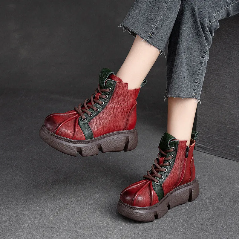 Women Retro Patchwork Leather Casual Ankle Boots