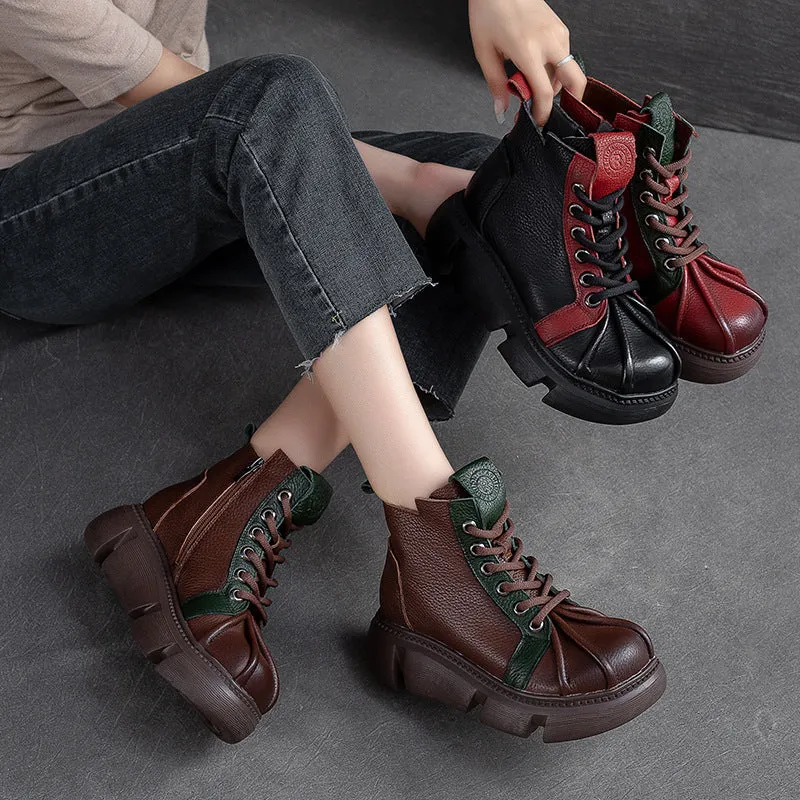 Women Retro Patchwork Leather Casual Ankle Boots
