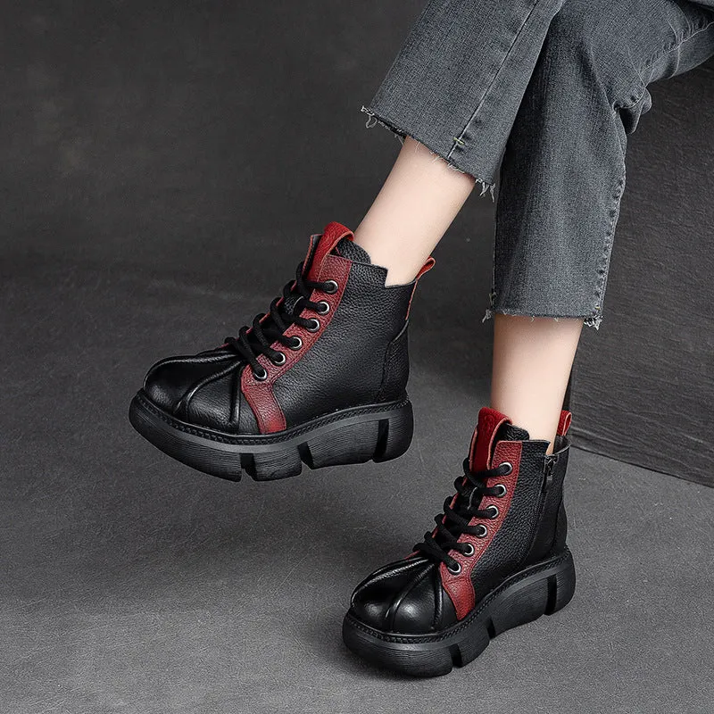 Women Retro Patchwork Leather Casual Ankle Boots