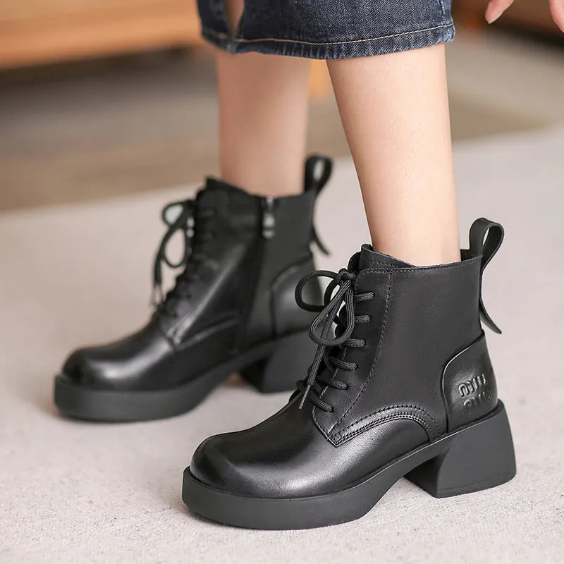 Women Retro Patchwork Leather Chunky Heel Boots