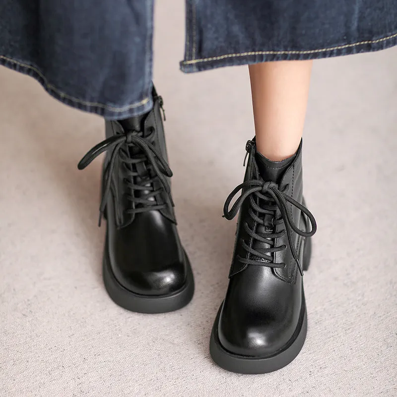 Women Retro Patchwork Leather Chunky Heel Boots