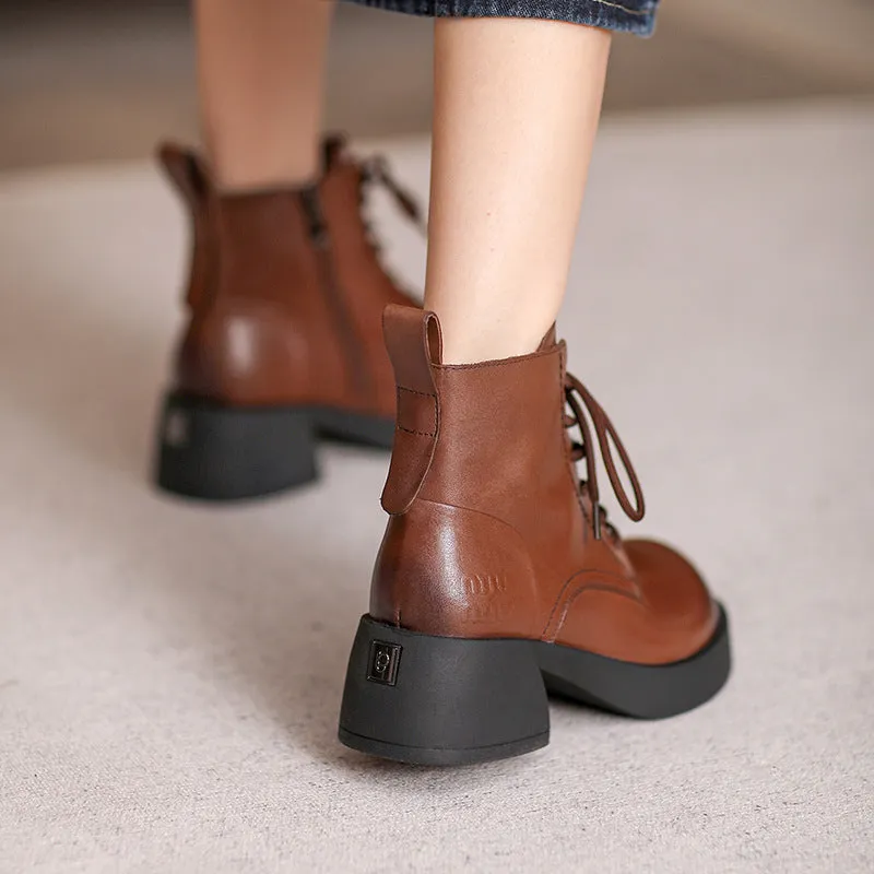 Women Retro Patchwork Leather Chunky Heel Boots