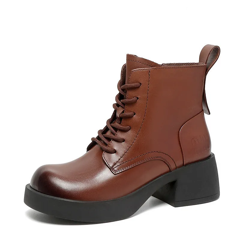 Women Retro Patchwork Leather Chunky Heel Boots