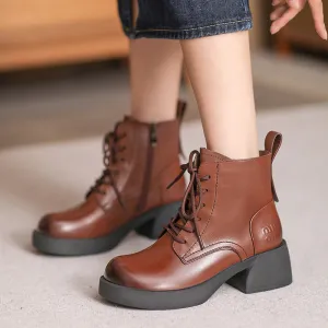 Women Retro Patchwork Leather Chunky Heel Boots
