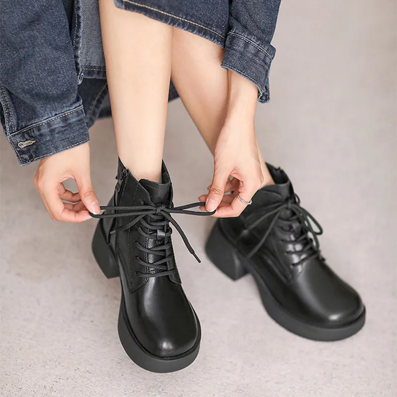 Women Retro Patchwork Leather Chunky Heel Boots