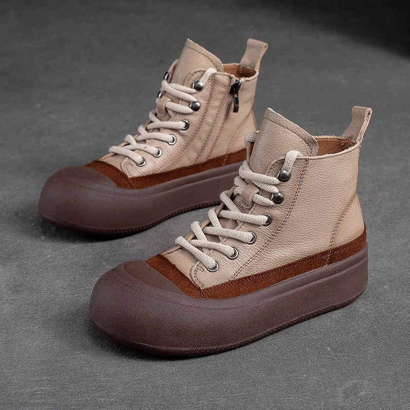Women Retro Patchwork Leather Flat Casual Ankle Boots