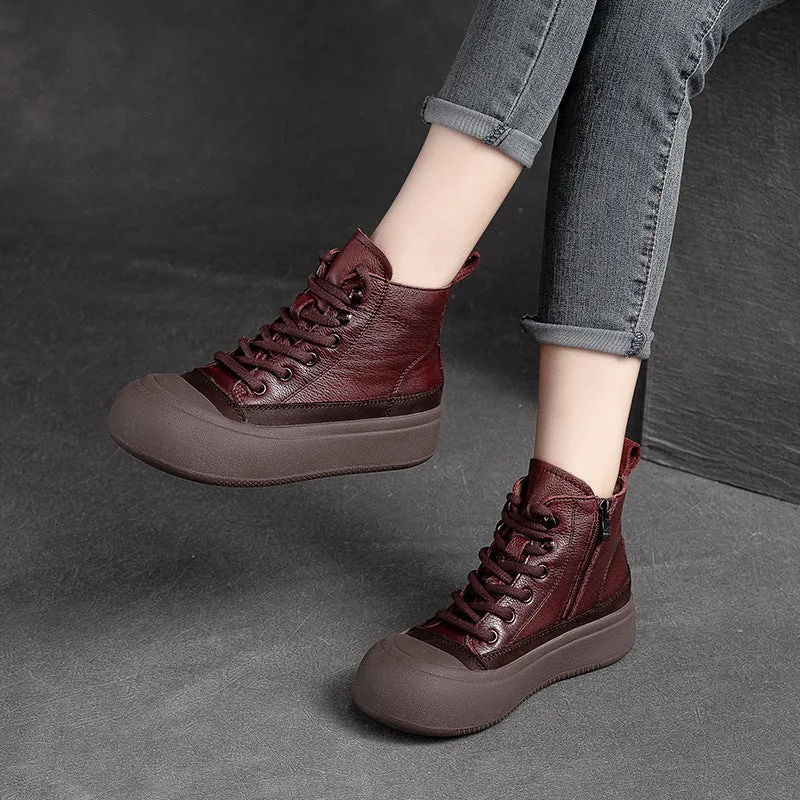 Women Retro Patchwork Leather Flat Casual Ankle Boots