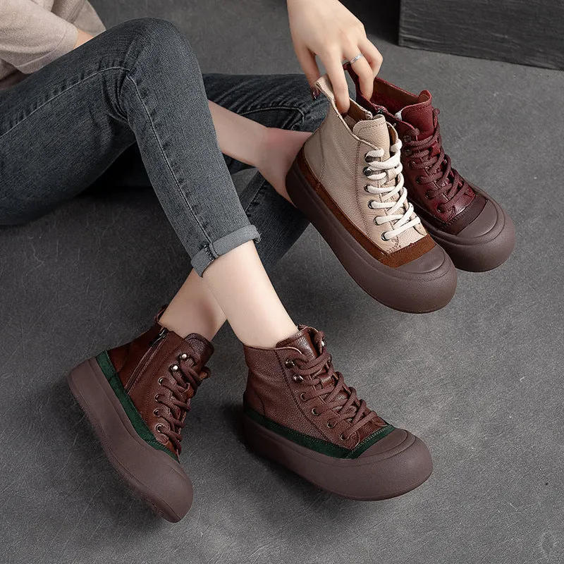 Women Retro Patchwork Leather Flat Casual Ankle Boots