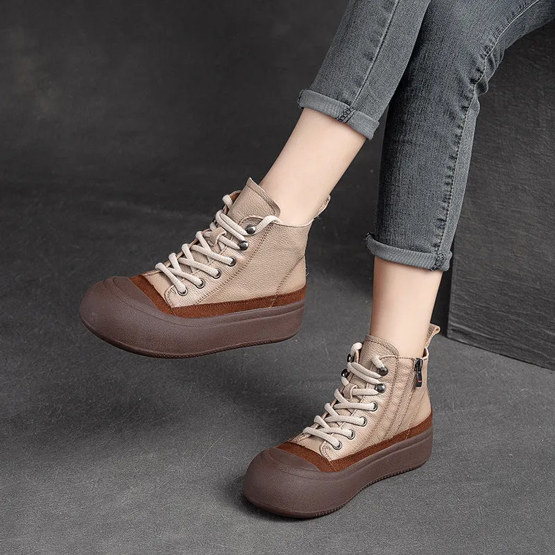 Women Retro Patchwork Leather Flat Casual Ankle Boots