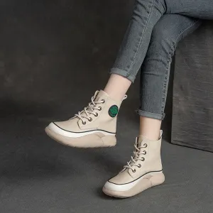 Women Retro Patchwork Leather Lace-Up Flat Boots