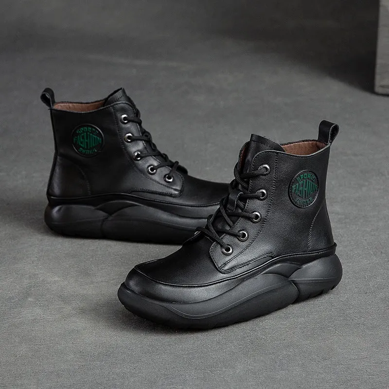 Women Retro Patchwork Leather Lace-Up Flat Boots