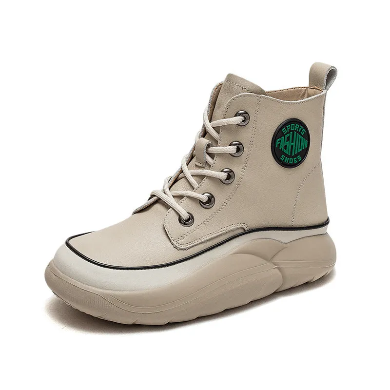 Women Retro Patchwork Leather Lace-Up Flat Boots