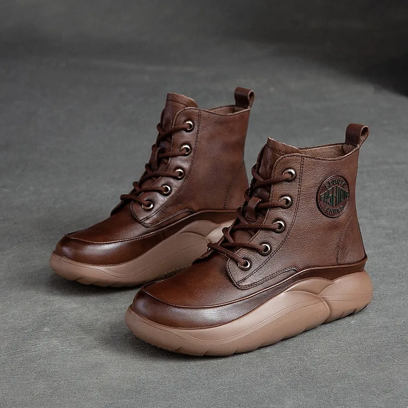 Women Retro Patchwork Leather Lace-Up Flat Boots