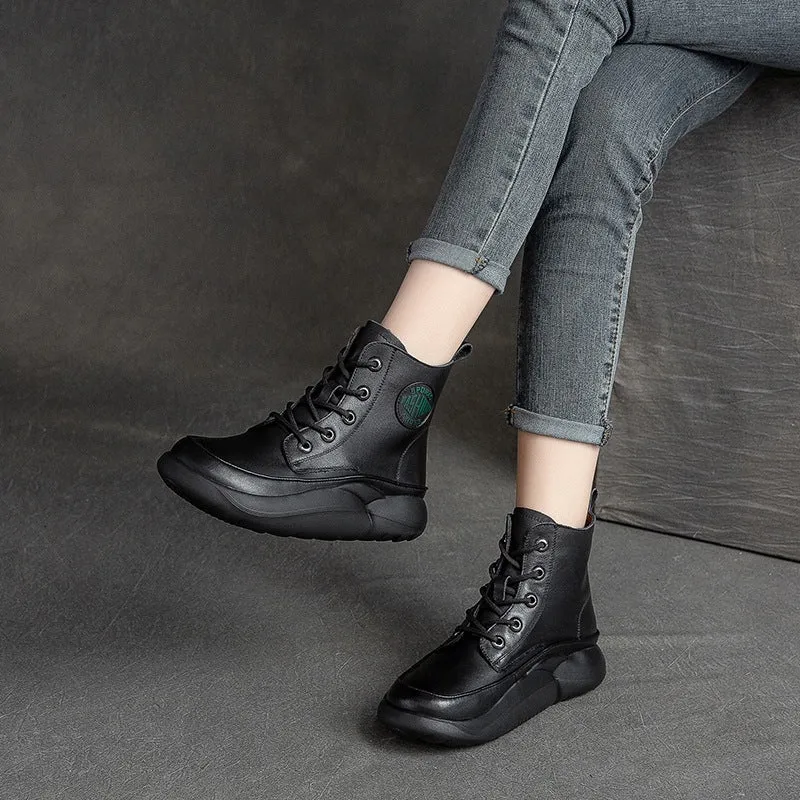 Women Retro Patchwork Leather Lace-Up Flat Boots