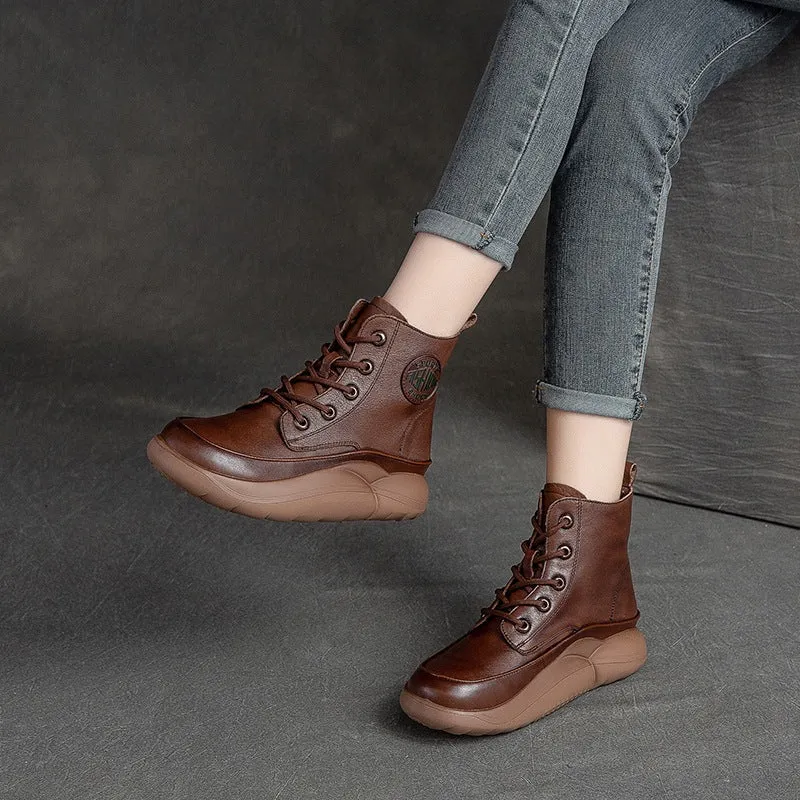 Women Retro Patchwork Leather Lace-Up Flat Boots