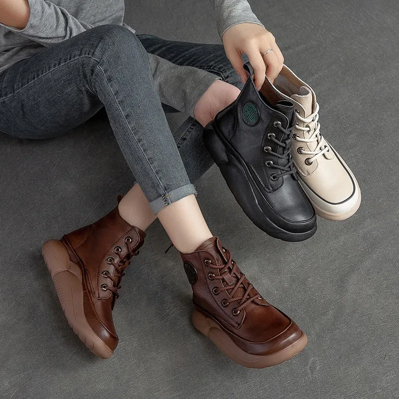 Women Retro Patchwork Leather Lace-Up Flat Boots