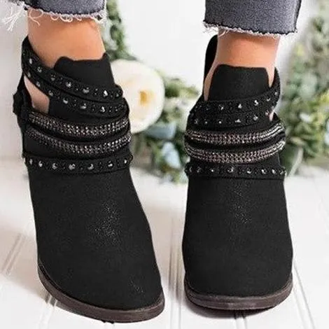 Women rhinestone strap side hollow chunky heel ankle boots