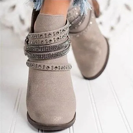 Women rhinestone strap side hollow chunky heel ankle boots
