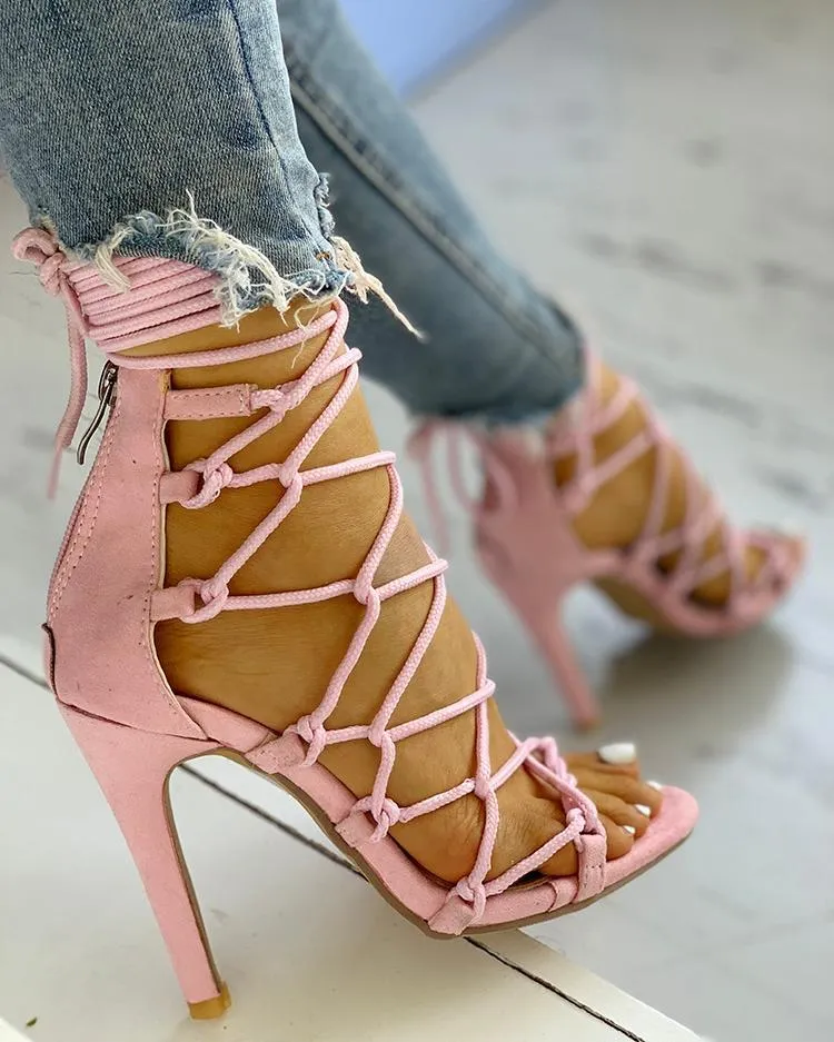Women stiletto peep toe criss cross strappy lace up heels
