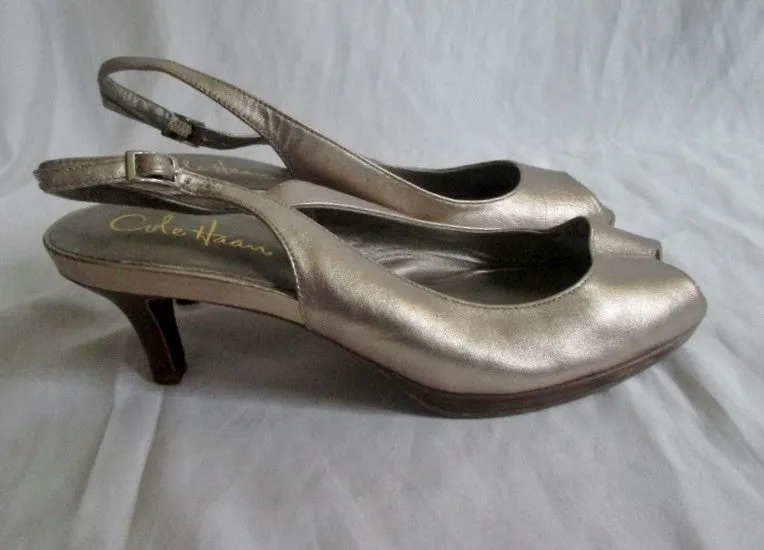 Womens COLE HAAN Leather Pump Heel Shoe 7.5 METALLIC GOLD NIKE AIR Strappy