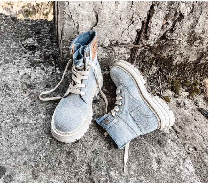 Women's Cowboy Denim Ankle Boots – Lace-Up Round Toe Short Cowgirl Booties