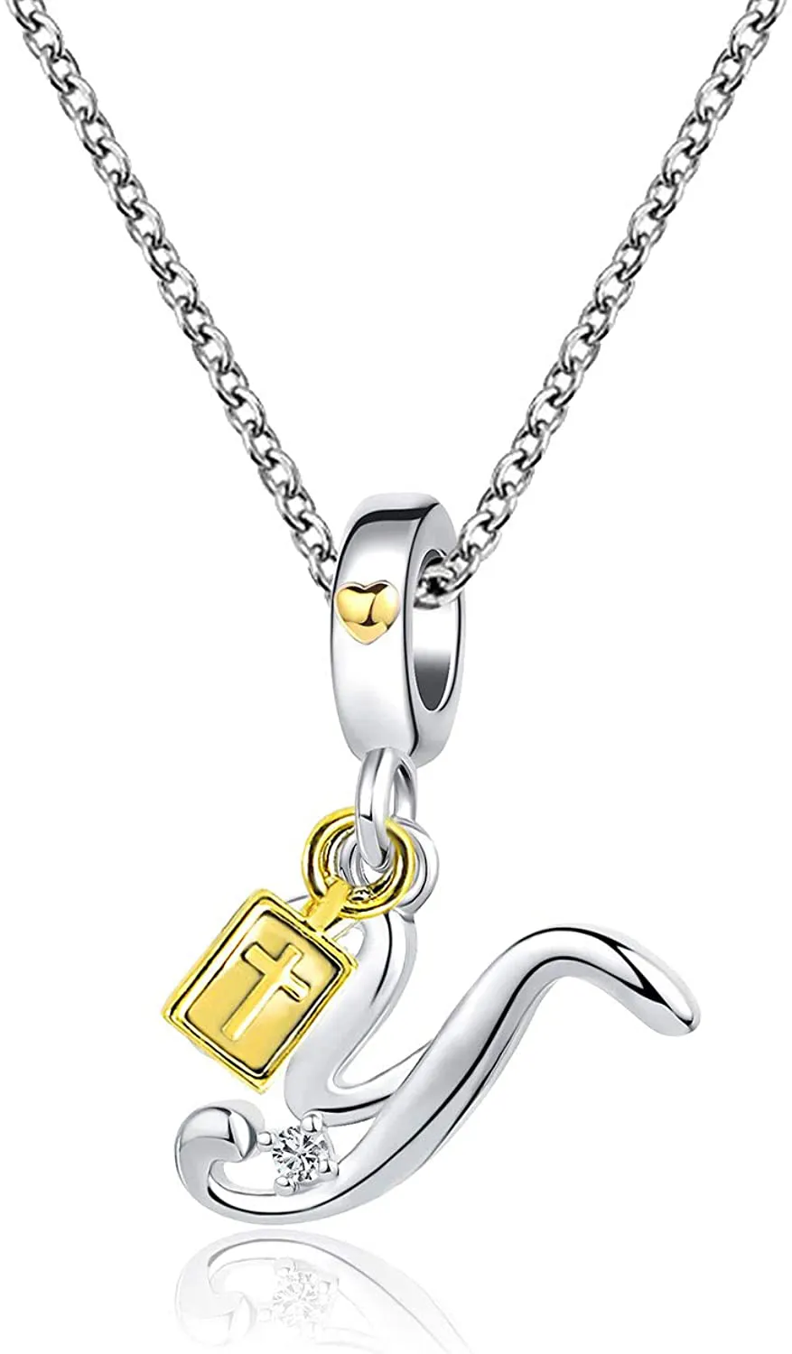 Women's Cross Holy Bible Heart Initial Letter Pendant Necklace