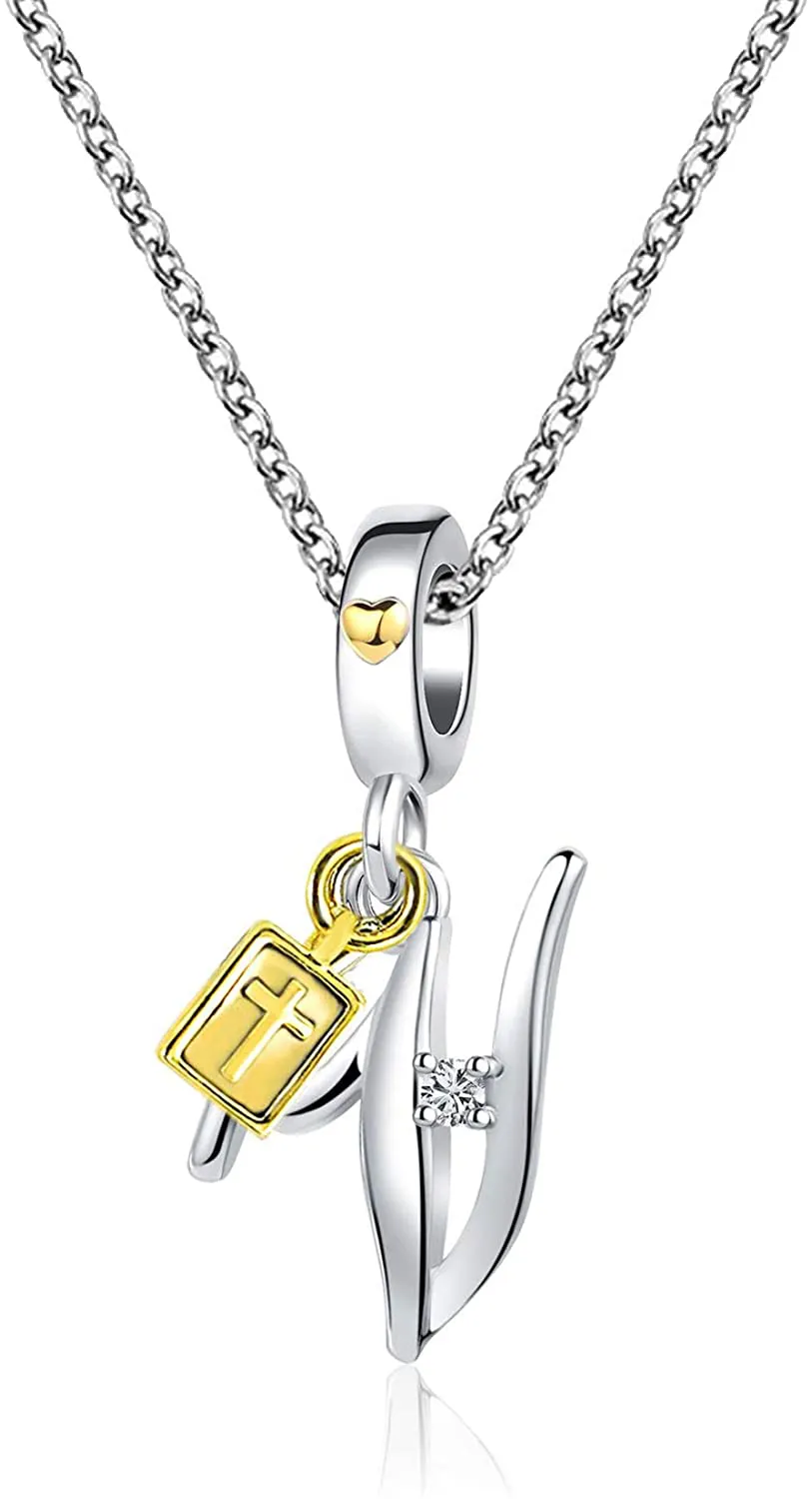 Women's Cross Holy Bible Heart Initial Letter Pendant Necklace