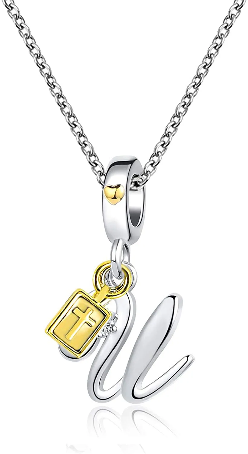 Women's Cross Holy Bible Heart Initial Letter Pendant Necklace