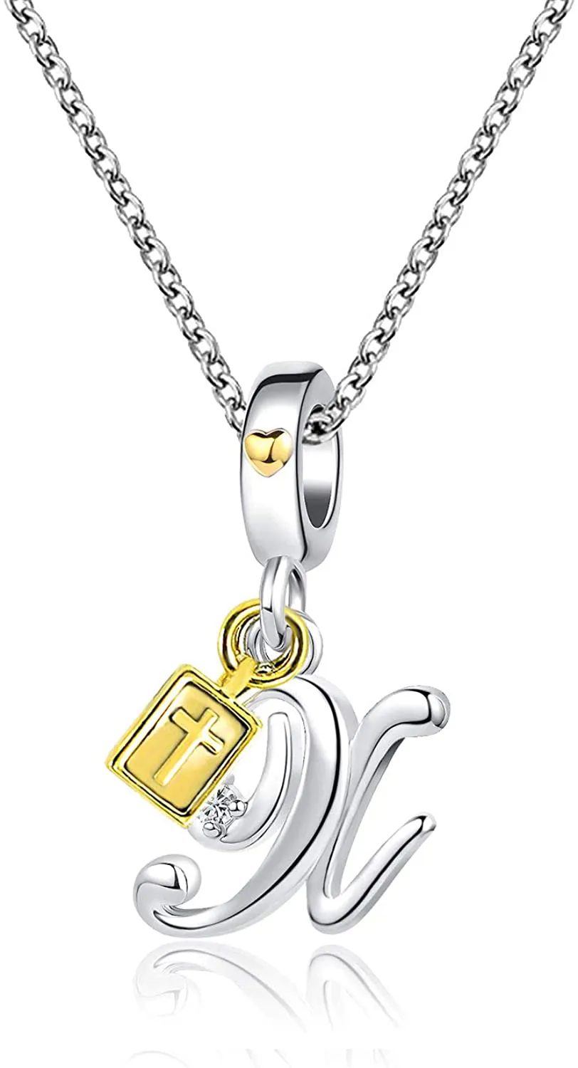 Women's Cross Holy Bible Heart Initial Letter Pendant Necklace