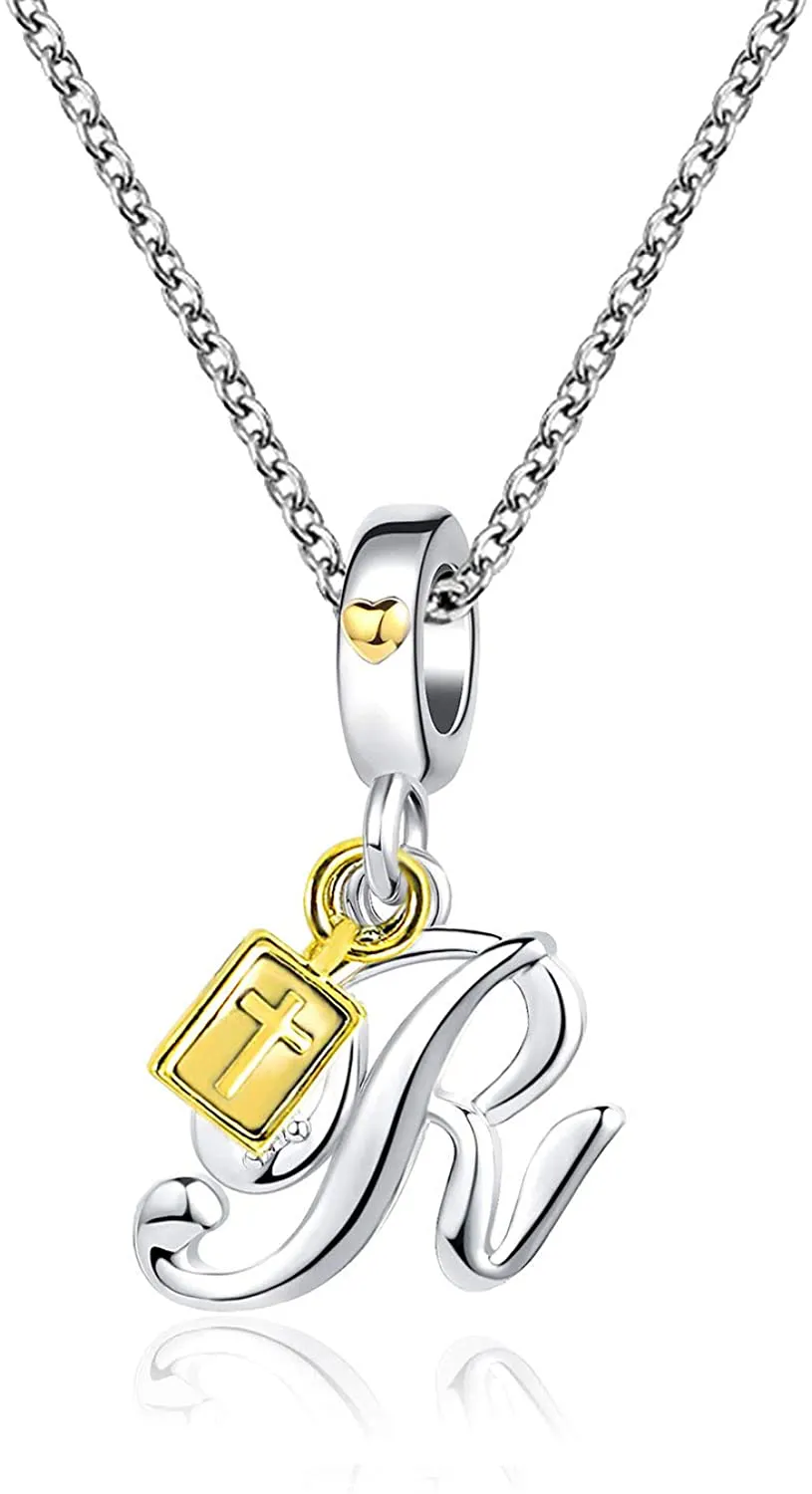 Women's Cross Holy Bible Heart Initial Letter Pendant Necklace