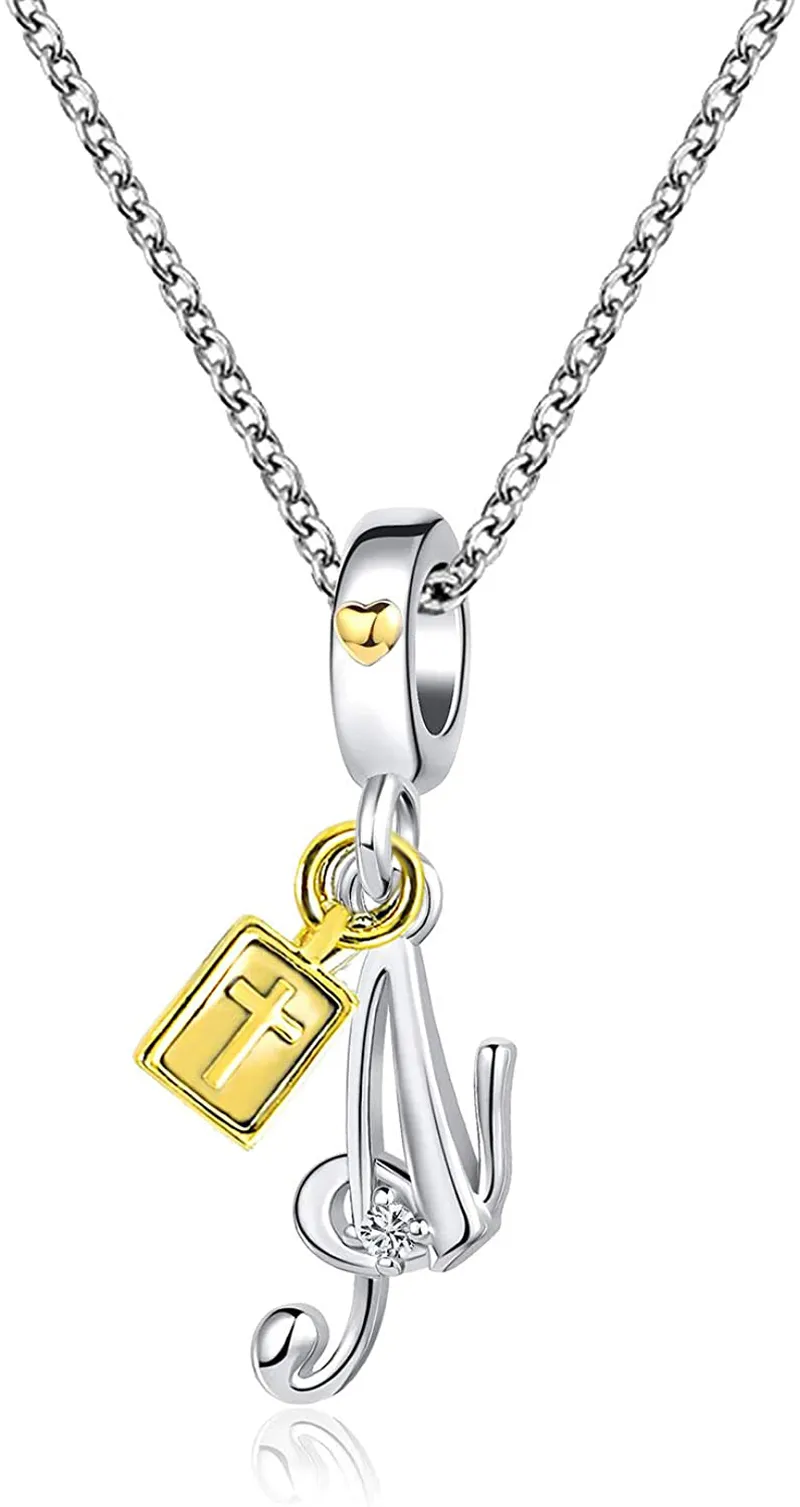 Women's Cross Holy Bible Heart Initial Letter Pendant Necklace