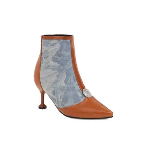 Women's Embossed Leather Stitch Patchwork Pointed Toe Stiletto Heel Short Boots