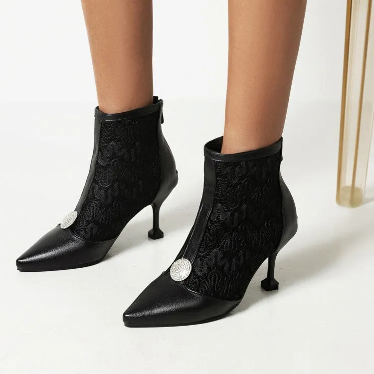 Women's Embossed Leather Stitch Patchwork Pointed Toe Stiletto Heel Short Boots