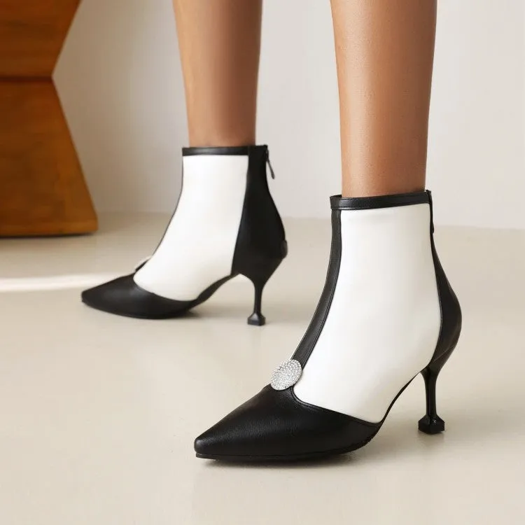 Women's Embossed Leather Stitch Patchwork Pointed Toe Stiletto Heel Short Boots