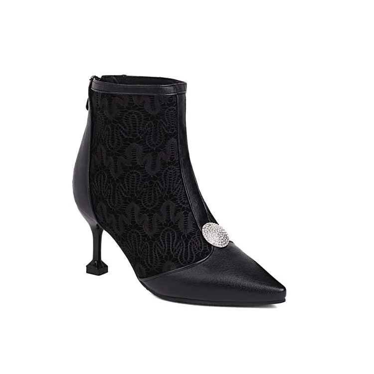 Women's Embossed Leather Stitch Patchwork Pointed Toe Stiletto Heel Short Boots