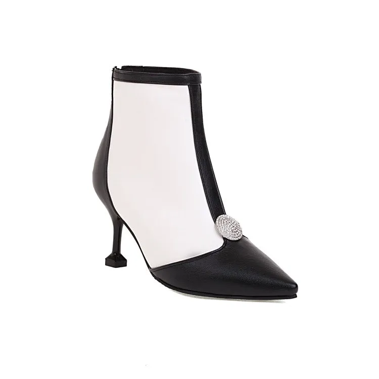 Women's Embossed Leather Stitch Patchwork Pointed Toe Stiletto Heel Short Boots